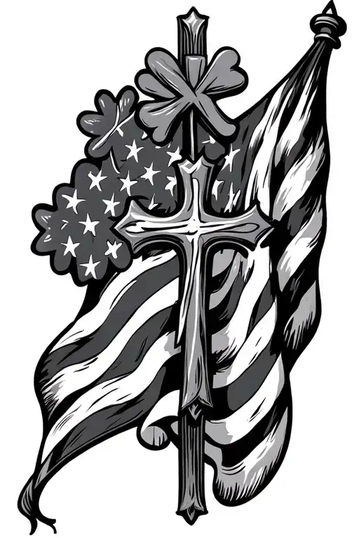 American Flag With Cross And 4 Leaf Clover