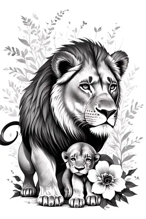Lioness And Baby And Flower