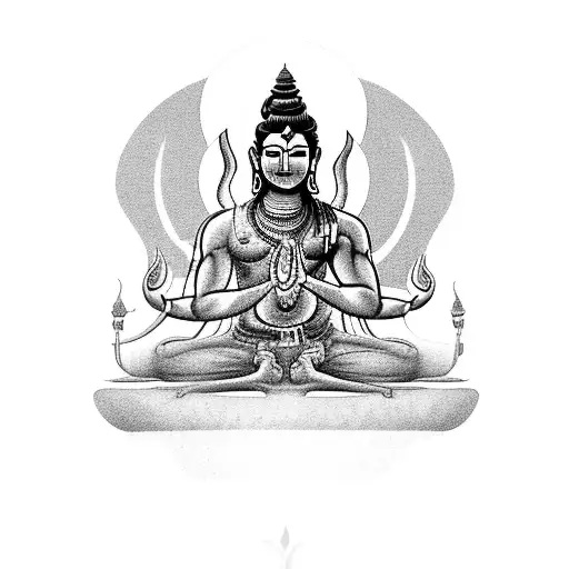 Abstract Black-grey Tattoo Of A Meditating Shiva Inside A Temple