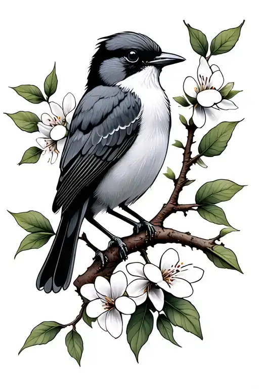 Black And Grey Shrike Bird With Curved Beak On A Hawthorn Tree Branch With White Flowers