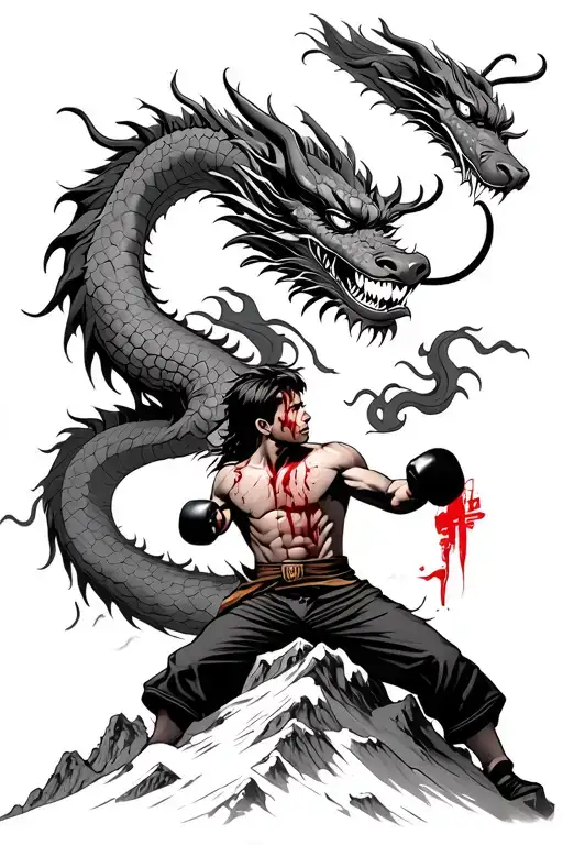 A Young And Bloodied American-style Kickboxer On A Mountain Looking Up At A Chinese Dragon