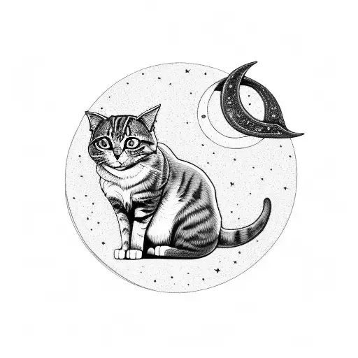 A Mystical Scene Of A Cat Sitting On A Crescent Moon Surrounded By Stars