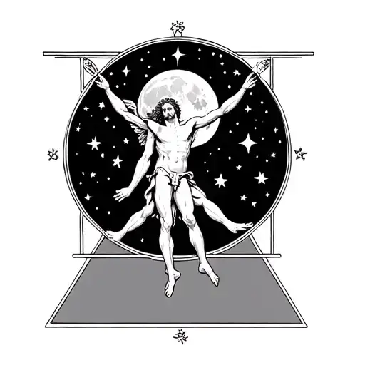 Vitruvian Man Flying Under The Moon Surrounded By Stars