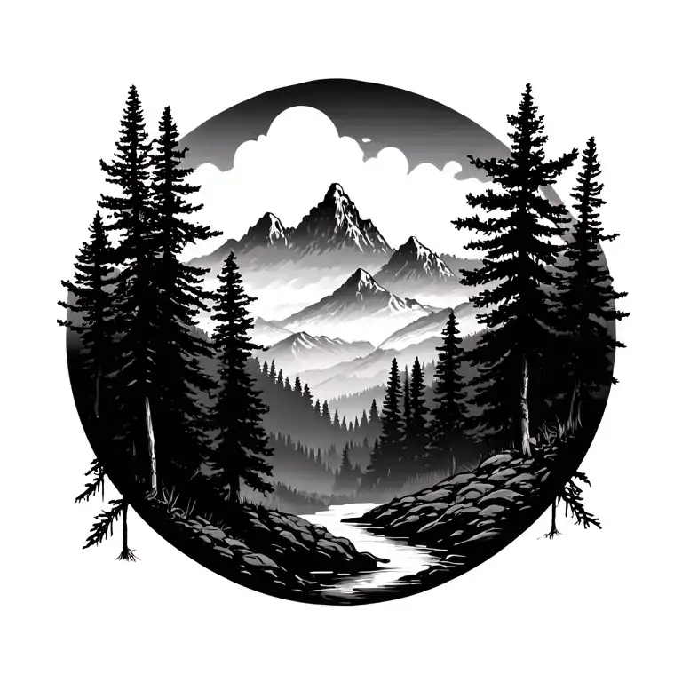 Silhouette Of Forest Landscape With Mountains In Background