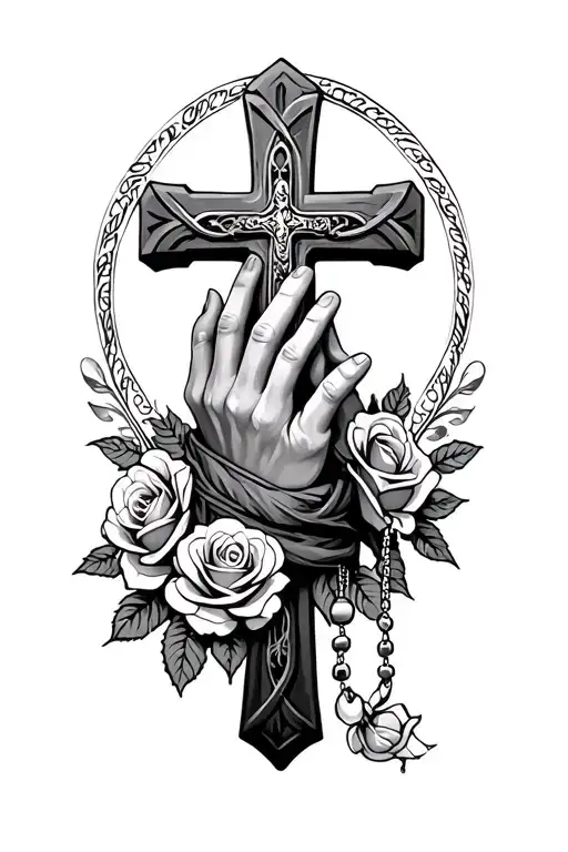 Crosses With Praying Hands With The Rosary Wrapped With Small Roses