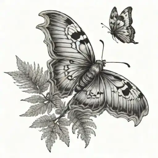 Fern Leaves Intertwined And One Big Moth Resting