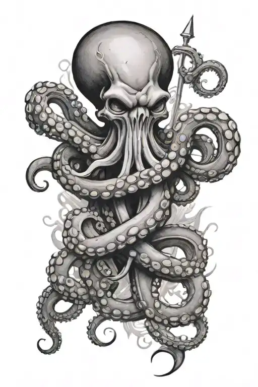 Octopus Wrapped Around An Anchor With A Trident