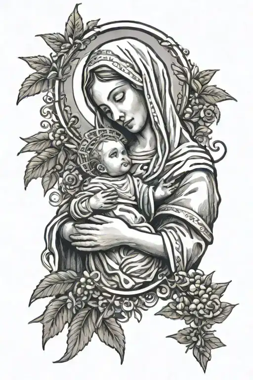 Mother Mary Holding Baby Jesus With Rosemary Beads