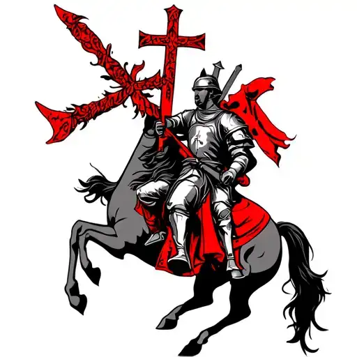 Medieval Knight Holding Sword Riding A Horse And Holding The Saint George Cross In Red