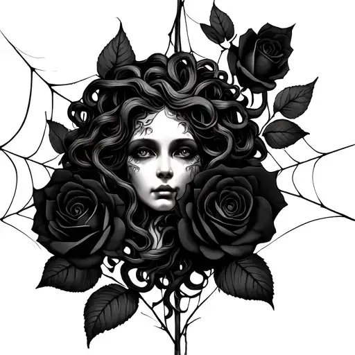 Medusa Surrounded By Black Roses And Cobwebs