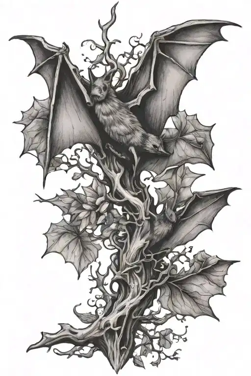Bat Hanging Upside On Tree Branch Intertwined