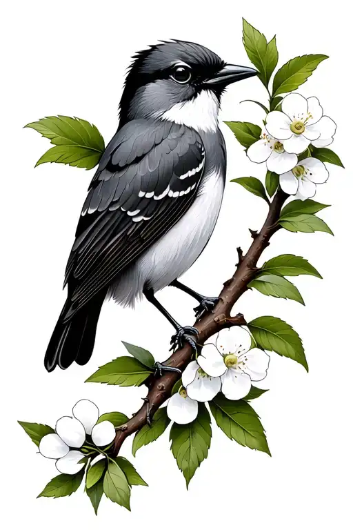Black And Grey Shrike Bird With Curved Beak On A Hawthorn Tree Branch With White Flowers