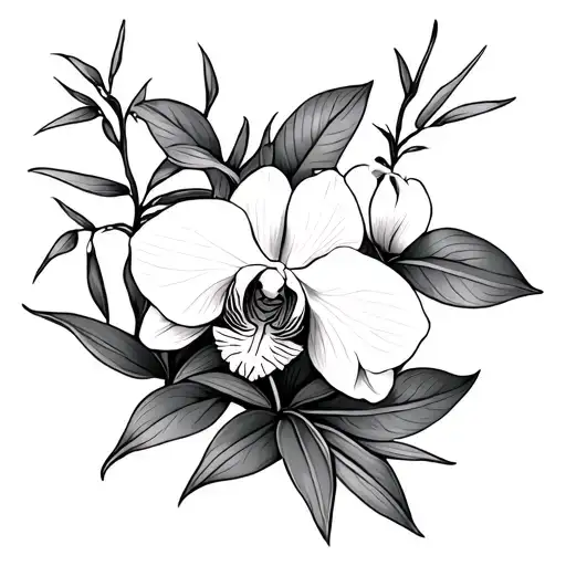 Orchid Flower And Bamboo Leaves