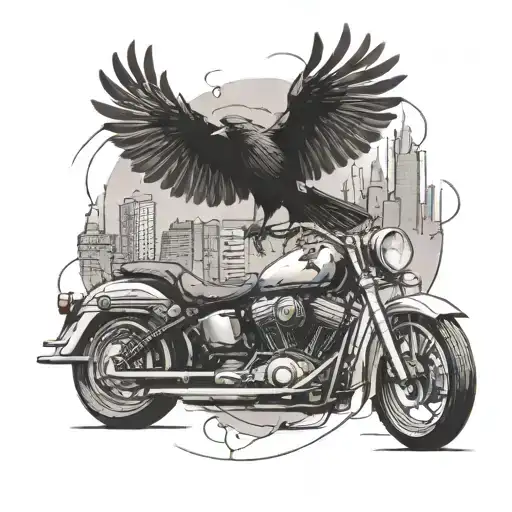 The Bold And Striking Tattoo Of A Crow Flying Over A Cityscape On A Motorcycle Shows The Client Both