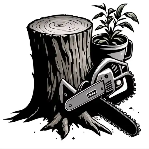 Chain Saw Leaning Next To A Tree Stump With A Plant Pot On Top Of The Stump