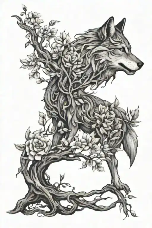 An Intricate Tree With Branches Intertwining With Flowers And A Wolf In The Foreground