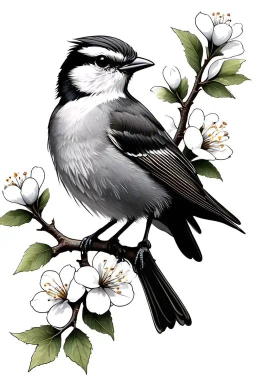 Shrike Bird On A Hawthorn Tree Branch With White Flowers