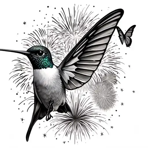 Hummingbird With Swallowtail Butterfly Wings Surrounded By Fireworks