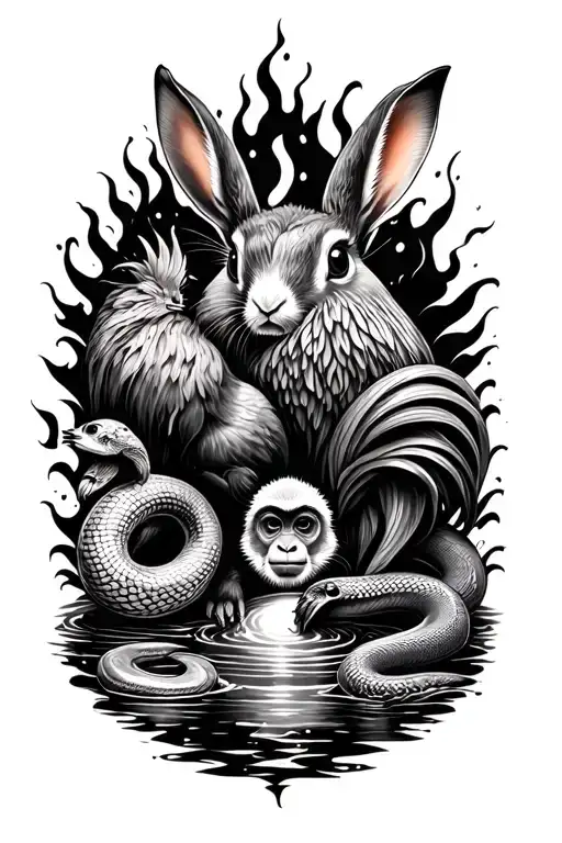 Forearm Tattoo With Rabbit Rooster Monkey Snake Fire Earth Water
