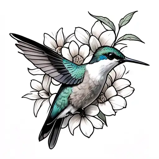 Hummingbird With Flowers And Honey Suckle