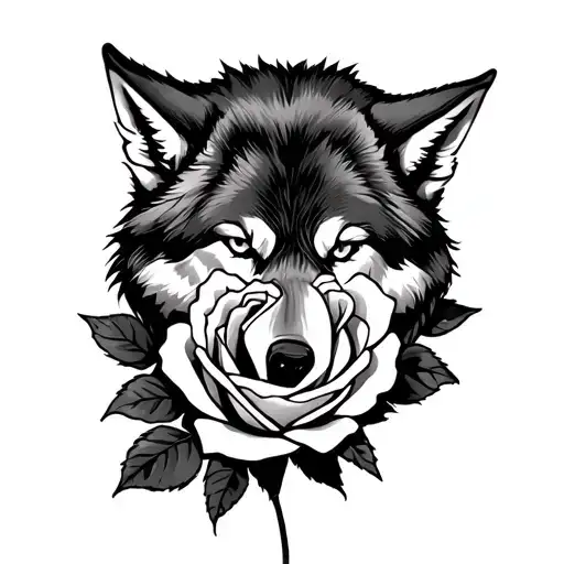 A Wolf Biting A Rose