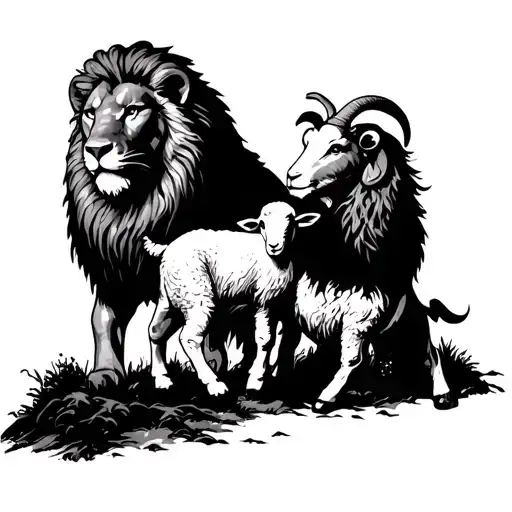 Lion Protecting A Sheep And Goat