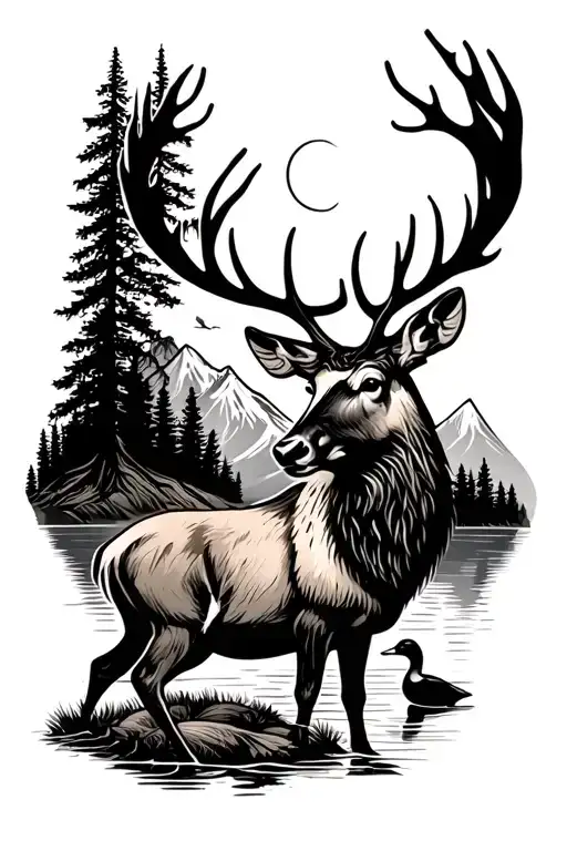 Elk Siloette With Duck And Mountain Background Black
