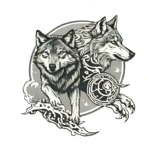 Two Wolves Chasing Sun And Moon Surrounded
