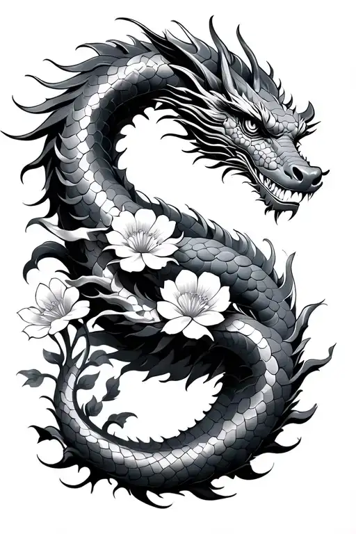 Japanese Temple Dragon Wrapped Around It W Flowers