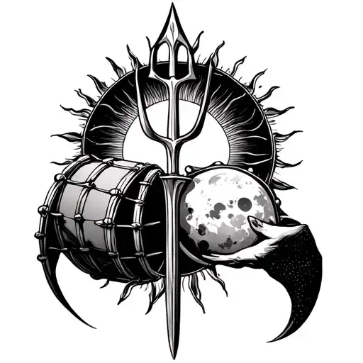Trident With Hand Drum As Infinity Symbol Containing Sun And Moon