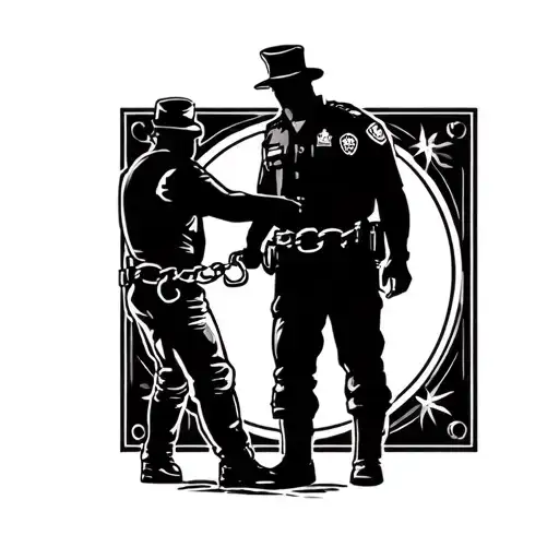 A Silhouette Of A Gangster's Arrest By A Police Officer With Handcuffs