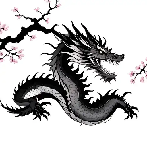Japanes Dragon With Cherry Blossom Tree