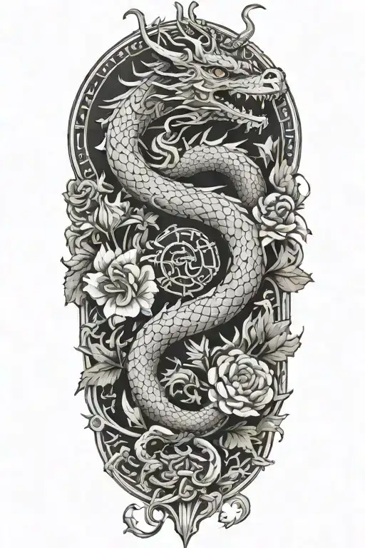 Asian Dragon Lays On An Hourglass With Leaves And Flowers