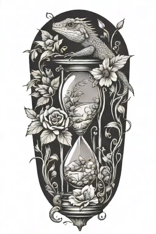 Lizard Trapped In An Hourglass With Leaves And Flowers