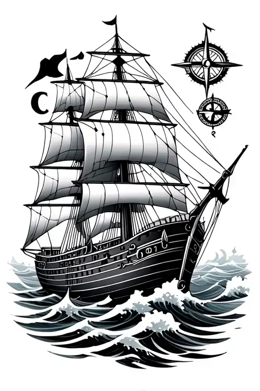 Ship On Waves With Compass And Anchor With Geometrical Lines