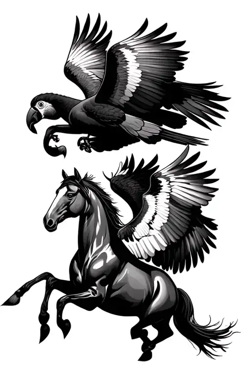 Horse With Macaw Flying Together