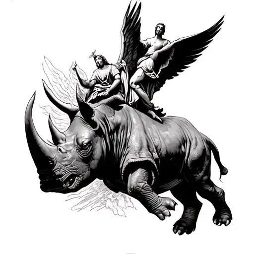 Rhino Charging Through The Gates Of Heaven With St Michael On Its Back