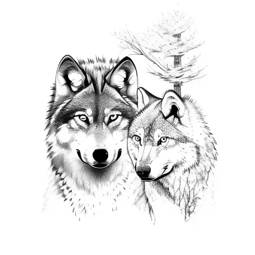 Wolf And Cub In Forest