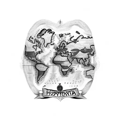 A Black And Grey Tattoo Of A Hospitality Symbol Incorporated Into A World Map With Travel Landmarks