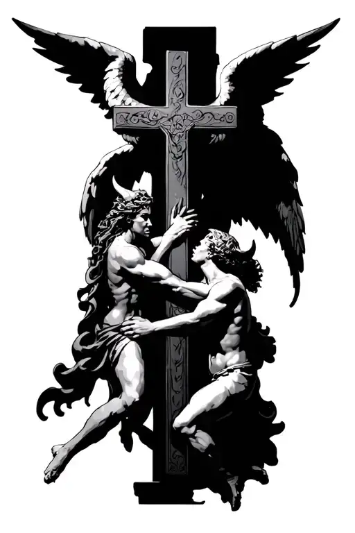 Angel And Demon Fighting Around A Cross
