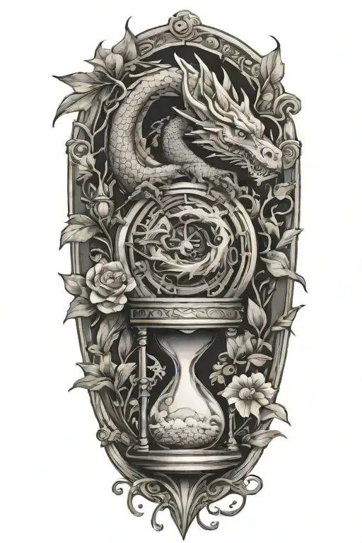 Dragon Trapped In An Hourglass With Leaves And Flowers