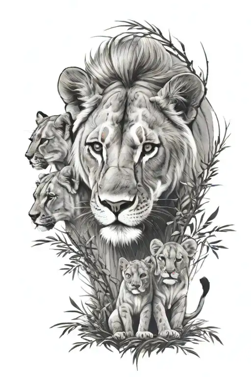 Lioness With Cubs Walking In The Forest