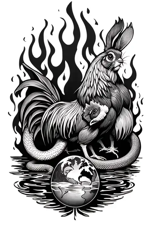 Forearm Tattoo With Rabbit Rooster Monkey Snake Fire Earth Water