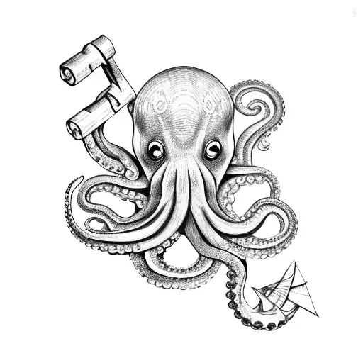 Octopus Wrapped Around An Anchor And Crushing A Map Compass