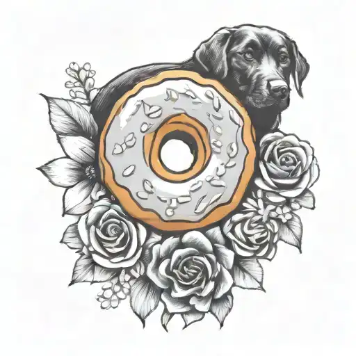 Black Labrador Dog Biting Donut Surrounded By Flowers