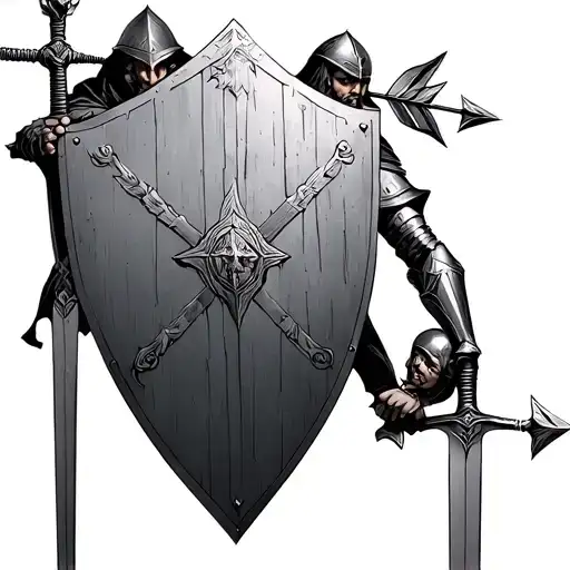 Knight With Sword And Shield Who Protects His Wife And Child From Arrows