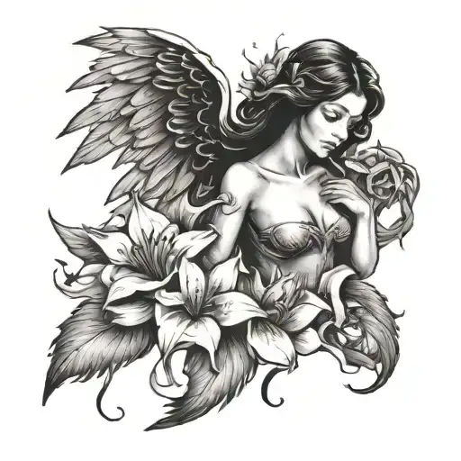 Fallen Black Angel With Black Lilies