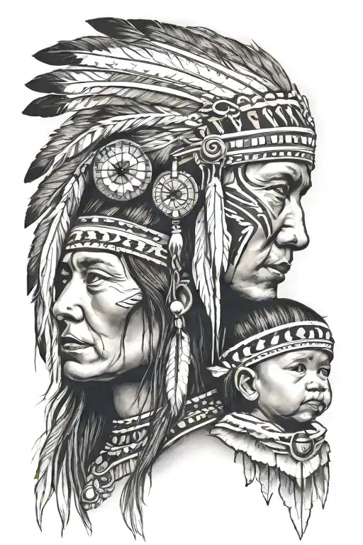 Native American Woman's Head And Baby's Head