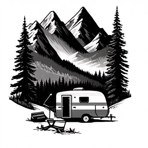 Camping Scene With Popup Caravan Mountain Landscape