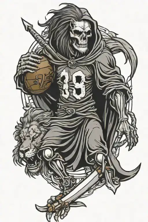 Grim Reaper Wearing A Cameroon American Football Jersey With A Lion Symbolizing Strength